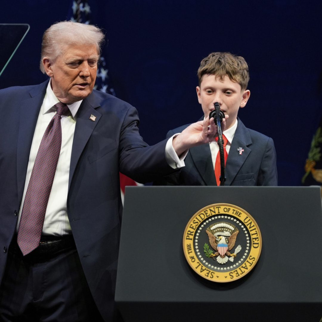 A 12-year-old boy shares his faith testimony alongside President Trump at the Museum of the Bible after standing against a gender ideology book in school.